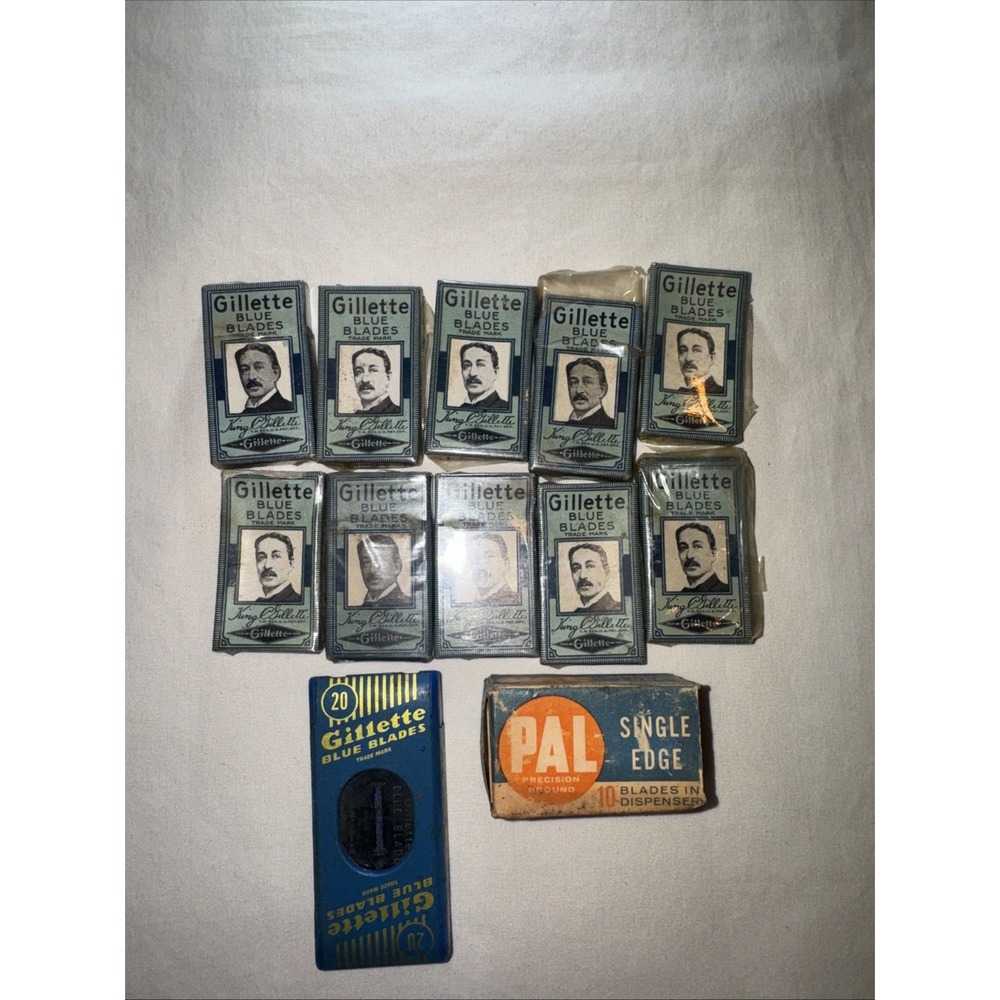 Vintage Gillette Razor Shaving Blue Blades 10 Packs of 5 ea Dispenser PAL Blade